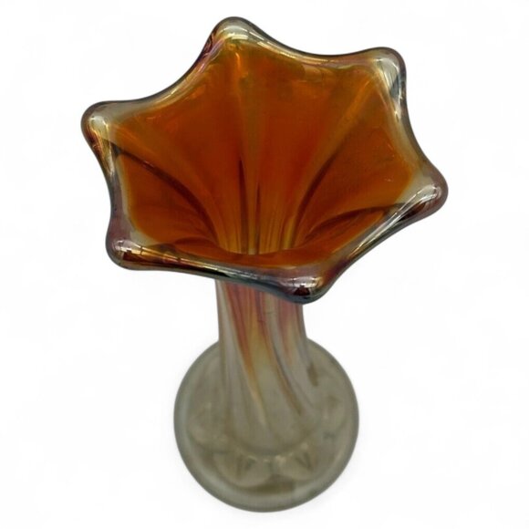 Antique Carnival Glass Bud Vase Iridescent Marigold 7.5" Tall Swirl Design - Picture 5 of 5